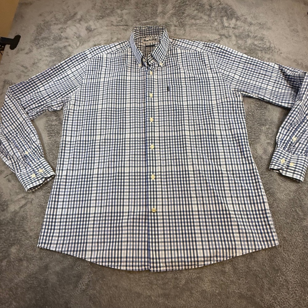 Barbour Mens Tailored Fit Plaid Button Down Shirt Blue White Long Sleeve XL